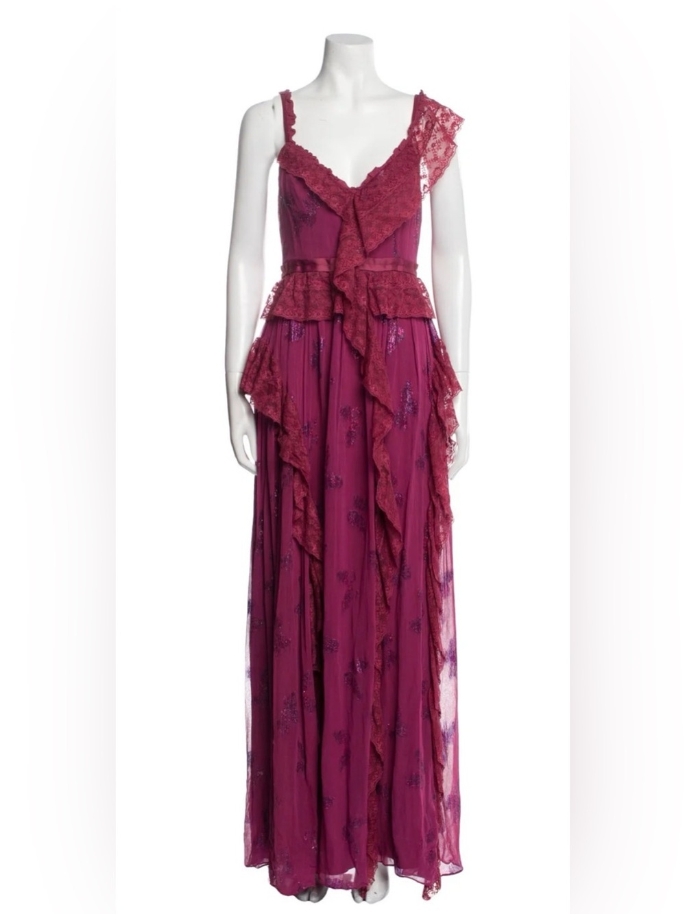 Needle & Thread Magenta Lace Ruffle Maxi Dress